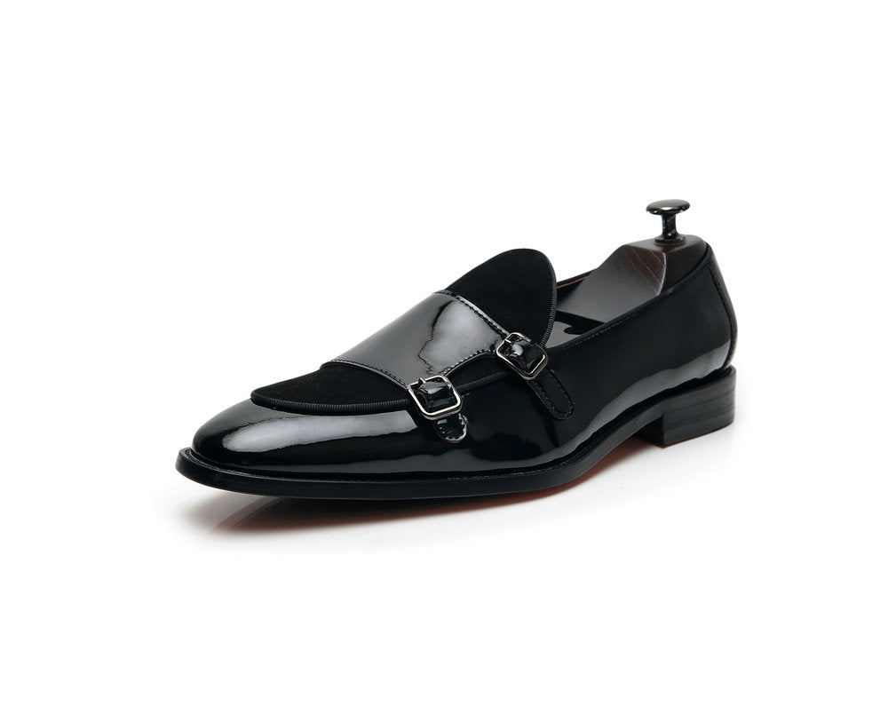 Men’s Black Leather Monk Loafers – Classic Low-Cut Dress Shoes