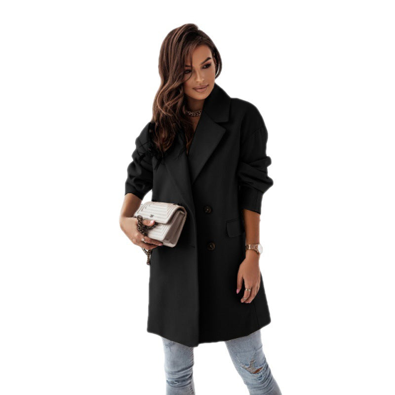 Women’s Double-Breasted Long Coat – Blazer Collar Tailored Polyester Coat, S–2XL