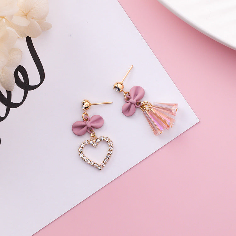 Heart Bow Tassel Asymmetric Earrings for Women – Romantic Dangle Jewelry