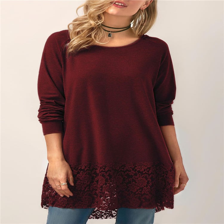 Women’s Hooded Long Sleeve Lace T-Shirt – Casual Lace Stitching Top