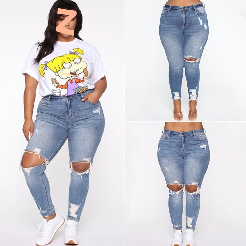 Women’s Plus-Size Ripped Denim Jeans – Cotton Slim-Fit Double-Waist Blue Jeans, 0XL–4XL