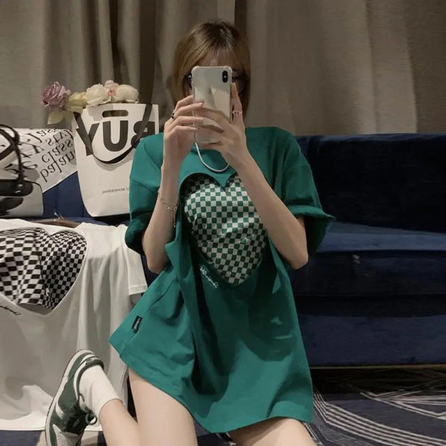 Korean Plaid Oversized T-Shirt Two-Piece Set for Women