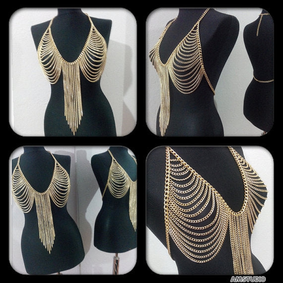 Women’s Geometric Chest Pendant Body Chain – Electroplated Statement Jewelry, White K, Gun Black & Gold