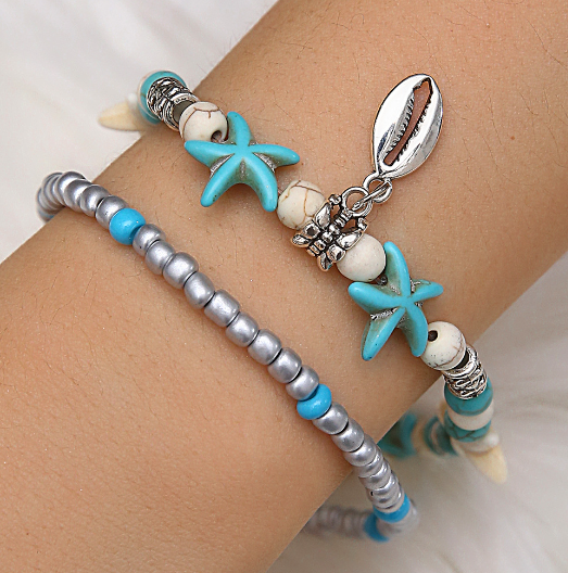 Turquoise Beach Anklet with Sea Turtle and Starfish Pendant