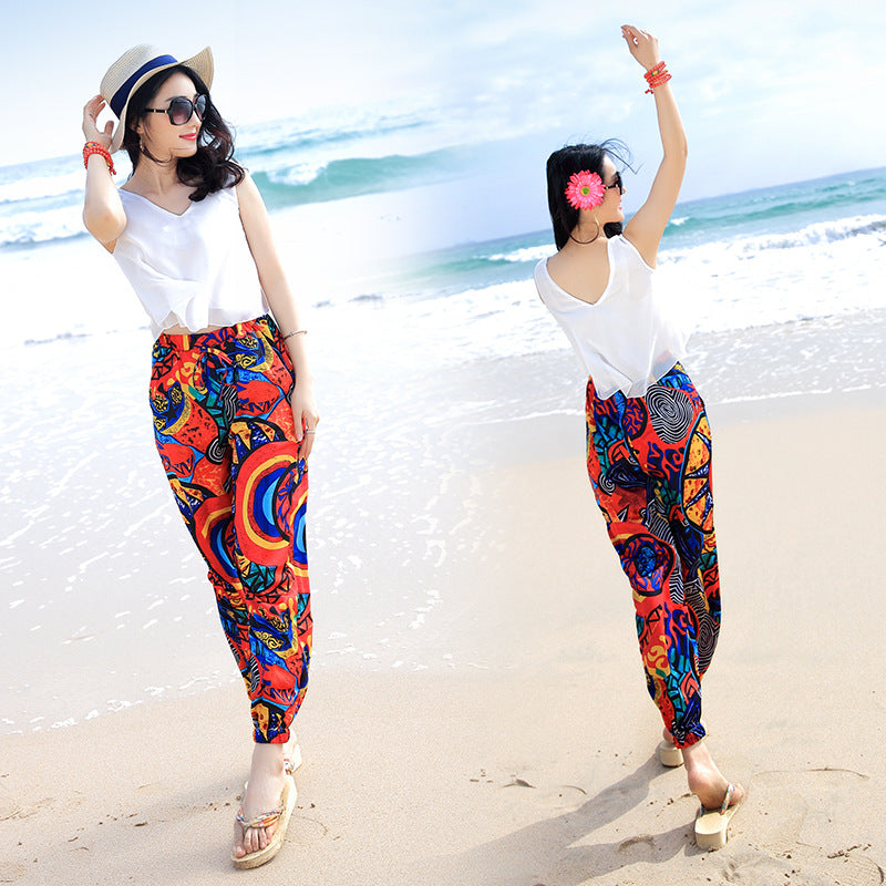 Women’s Bohemian Loose Lantern Pants – Ethnic Print Relaxed Harem Trousers, M–2XL