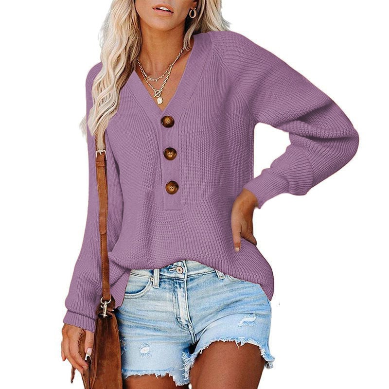 Women’s Button Knitted V-Neck Sweater – Cotton Loose-Fit Long Sleeve Pullover, 11 Colors, S–3XL