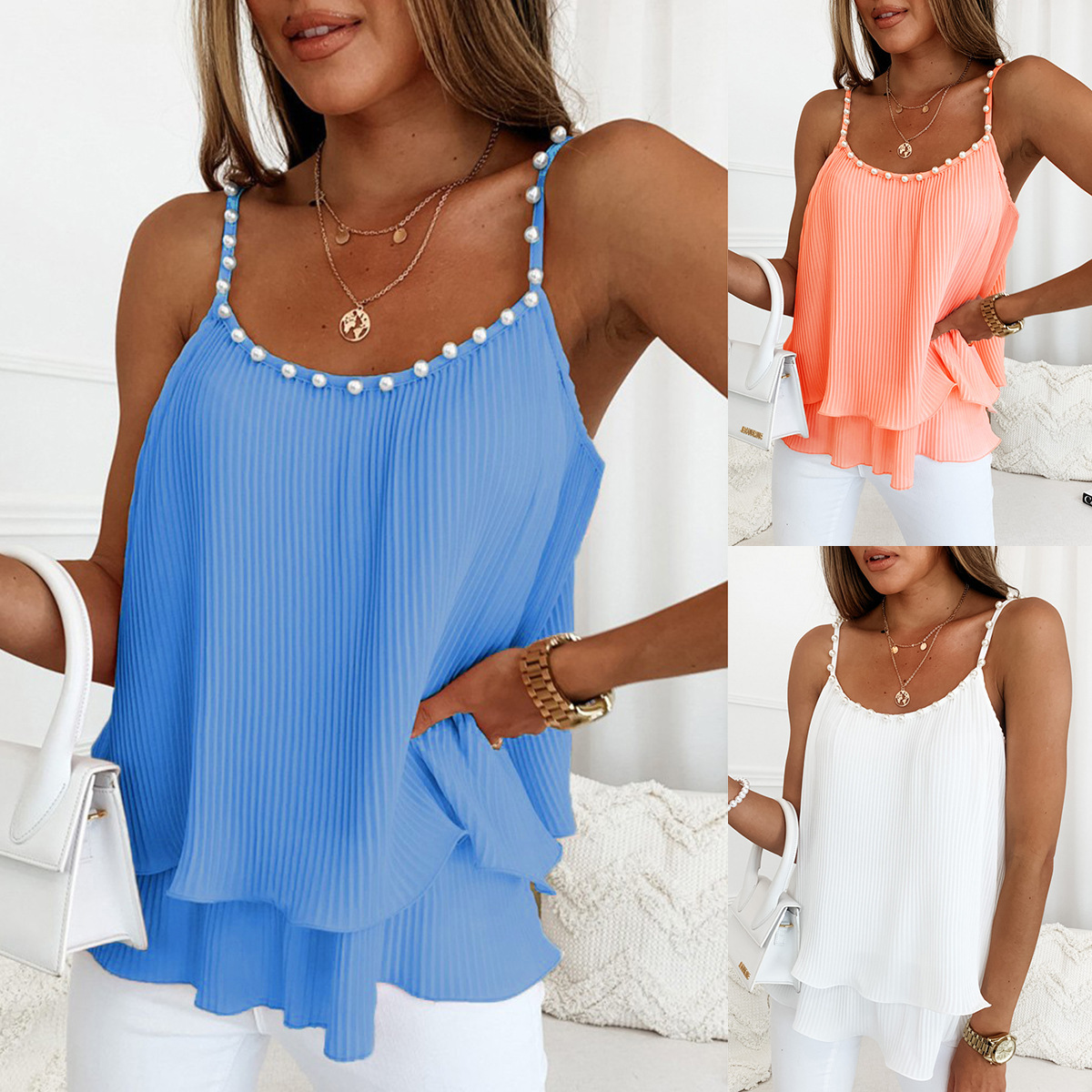 Women’s Pearl Accent Pleated Tank Top – Elegant Sleeveless Summer Blouse