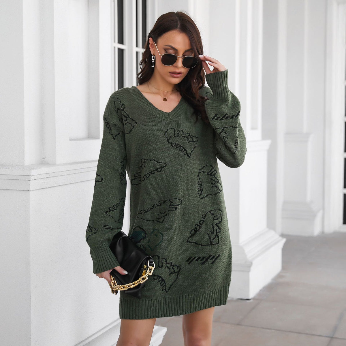 Women’s Dinosaur Cartoon V-Neck Sweater Dress – Jacquard Loose Knit Lantern Sleeve Dress, Blue & Green, S–L