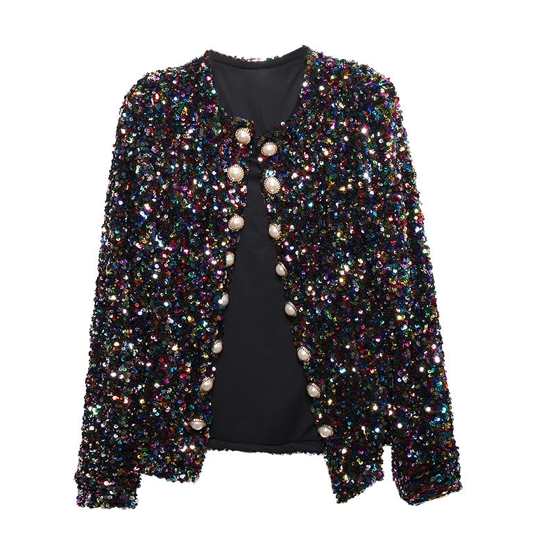 Women’s Colorful Sequin Blazer – Double-Breasted Pearl Button Short Party Jacket, S–XL