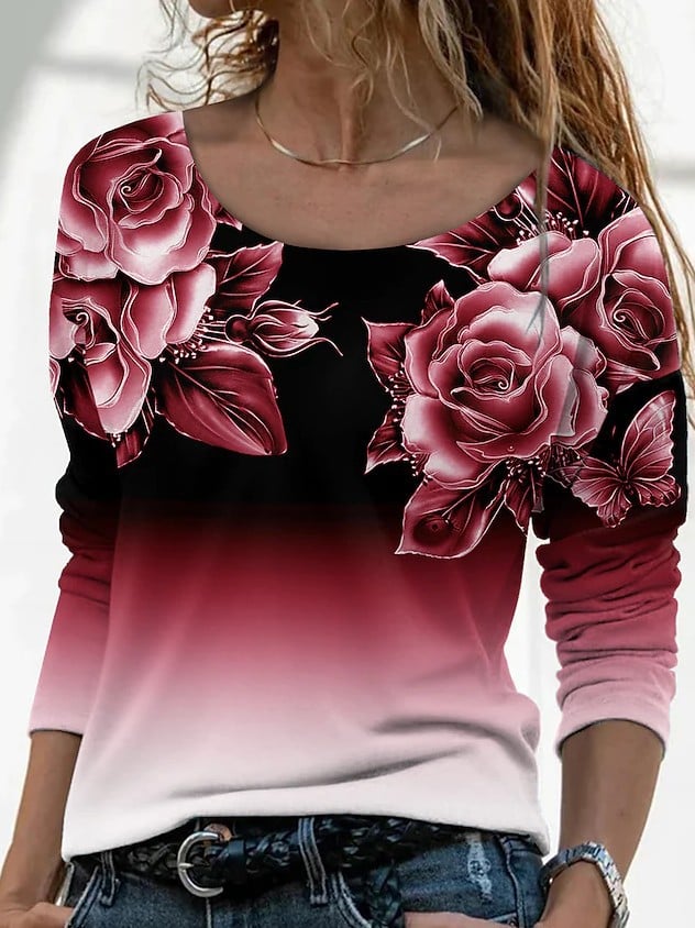 3D Printed Casual Long Sleeve Pullover T-Shirt for Women