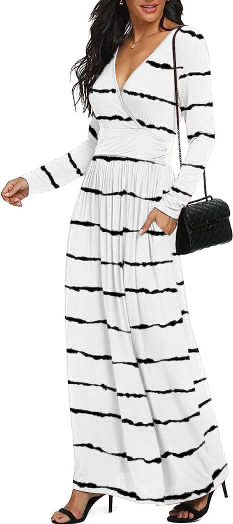 Women’s Geometric Striped Long Dress – Flowing Polyester Casual Maxi Dress, S–5XL