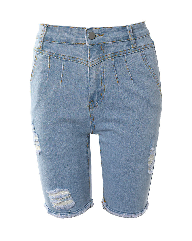 Women’s Casual Blue Ripped Jeans – High-Waist Straight-Leg Washed Denim, XL–5XL