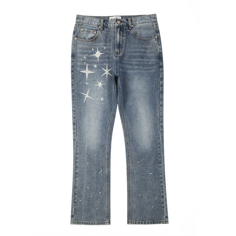 High Street Ripped Pentagram Zip-Up Jeans – Cotton Washed Ink-Splatter Straight Denim, M–2XL