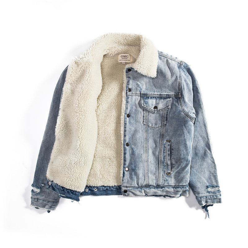 Men’s Distressed Lamb Wool Denim Jacket – Winter – USA