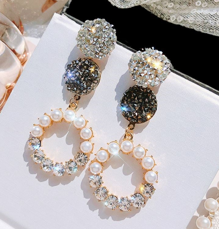 Long Rhinestone Pearl Round Earrings – Elegant Statement Earrings for Women