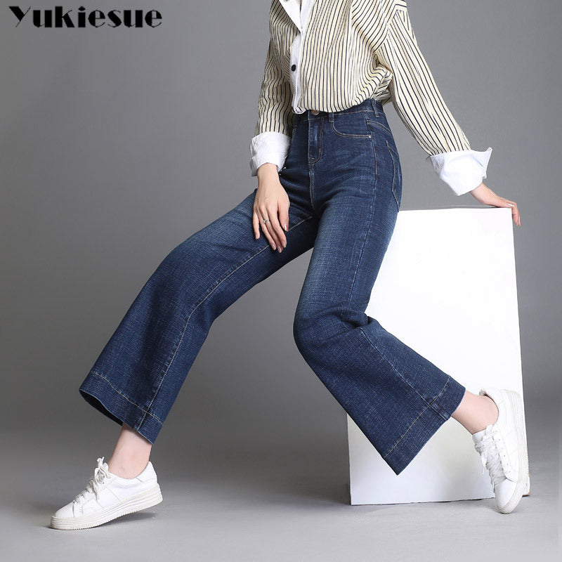 Women’s High-Waist Wide-Leg Ripped Jeans – Cotton Boyfriend Denim in Sky Blue & Blue, Sizes 26–33