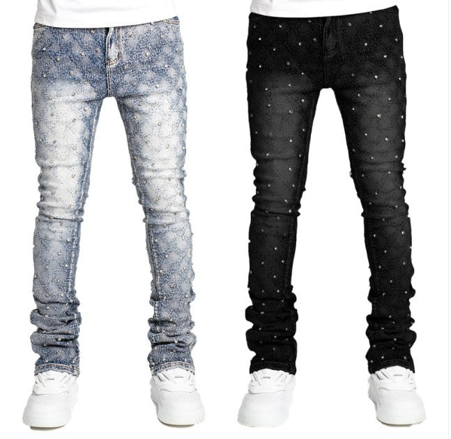 Slim-Fit Rhinestone Embellished Denim Jeans – Stacked Straight-Leg Blue & Black Fashion Jeans, S–2XL