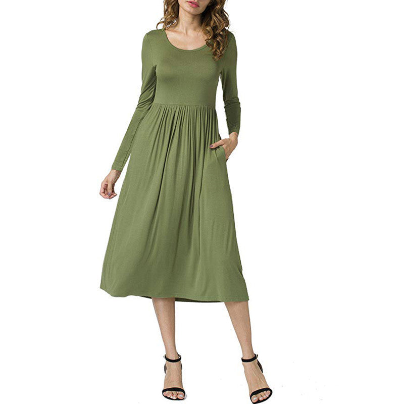 Women’s Long Sleeve A-Line Dress – Elegant Round Neck Solid Color Dress