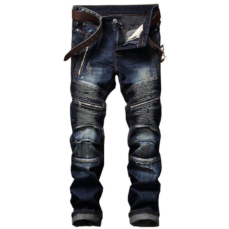 Men’s Slim Fit Snowflake Motorcycle Jeans – Biker Denim Trousers