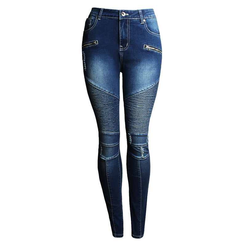 Women’s European-Style Ripped Skinny Jeans – Elastic Cotton Mid-Rise Blue Distressed Denim, S–3XL