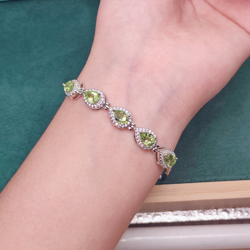 Women’s Natural Olivine Crystal Bracelet – Drop-Shaped Peridot Green Gemstone Jewelry