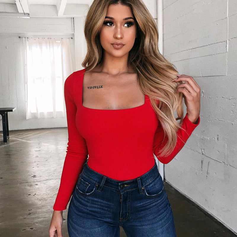 Women’s Slim Fit Square Neck Long Sleeve T-Shirt – Fitted Casual Top