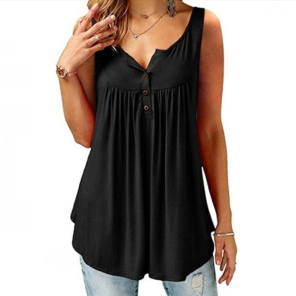 Women’s U-Neck Pleated Tank Top – Sleeveless Casual Summer Blouse