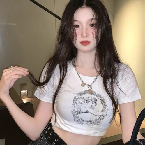 Angel Print Heart Circle Short Sleeve T-Shirt for Women