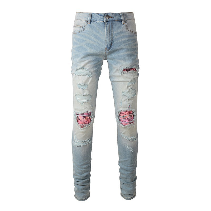 Men’s High Street Light Blue Paisley Jeans – Stretch Low-Waist Slim Pencil Denim, Sizes 28–40