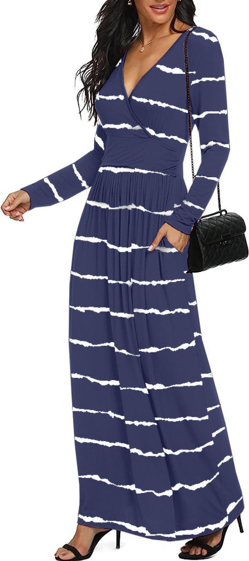 Women’s Geometric Striped Long Dress – Flowing Polyester Casual Maxi Dress, S–5XL