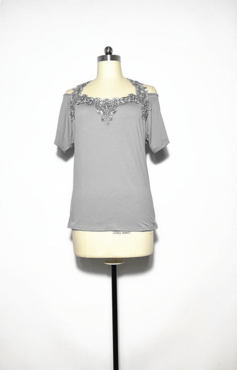 V-Neck Patchwork Lace Casual Loose T-Shirt for Women