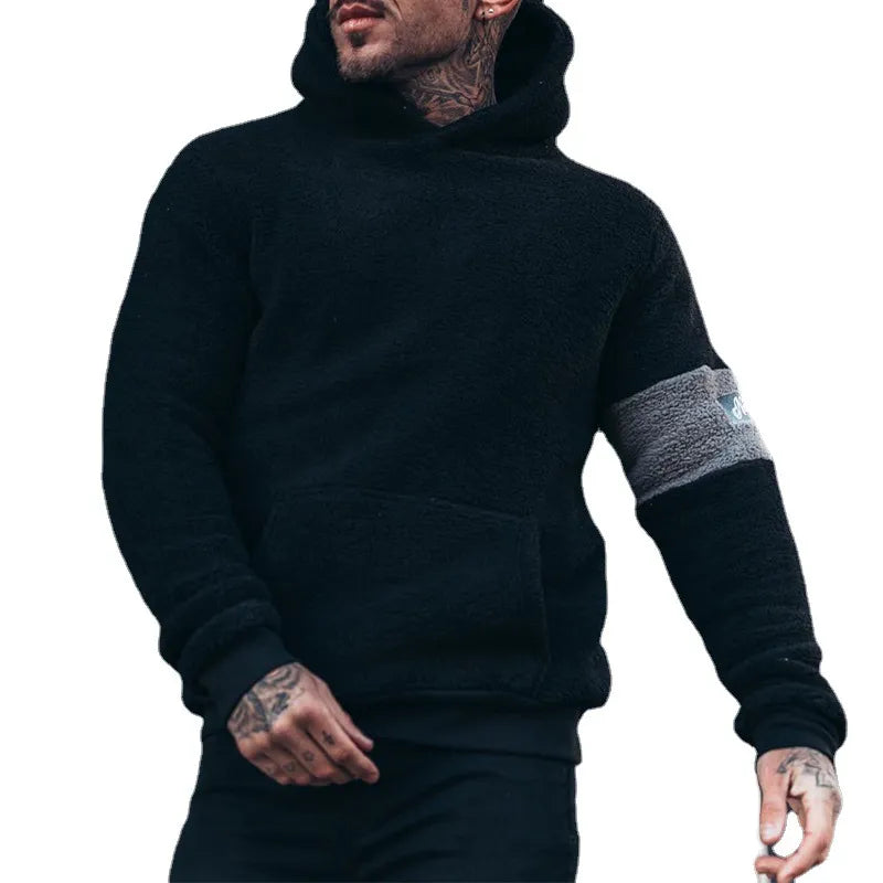 Men’s Hooded Plush Sweater – Warm Casual Winter Pullover, Black & Grey, S–3XL