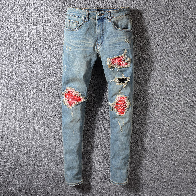 Men’s Slim-Fit Color Block Pleated Jeans – Washed High Street Tight-Fit Denim, Sizes 28–40