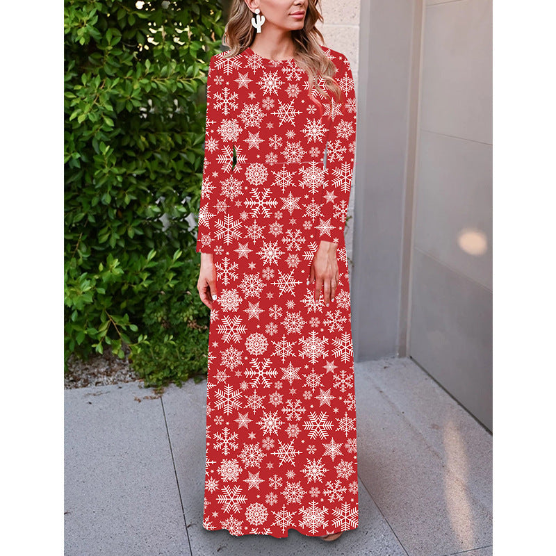 Christmas Printed Dress – Red Long Sleeve Holiday Party Dress for Women