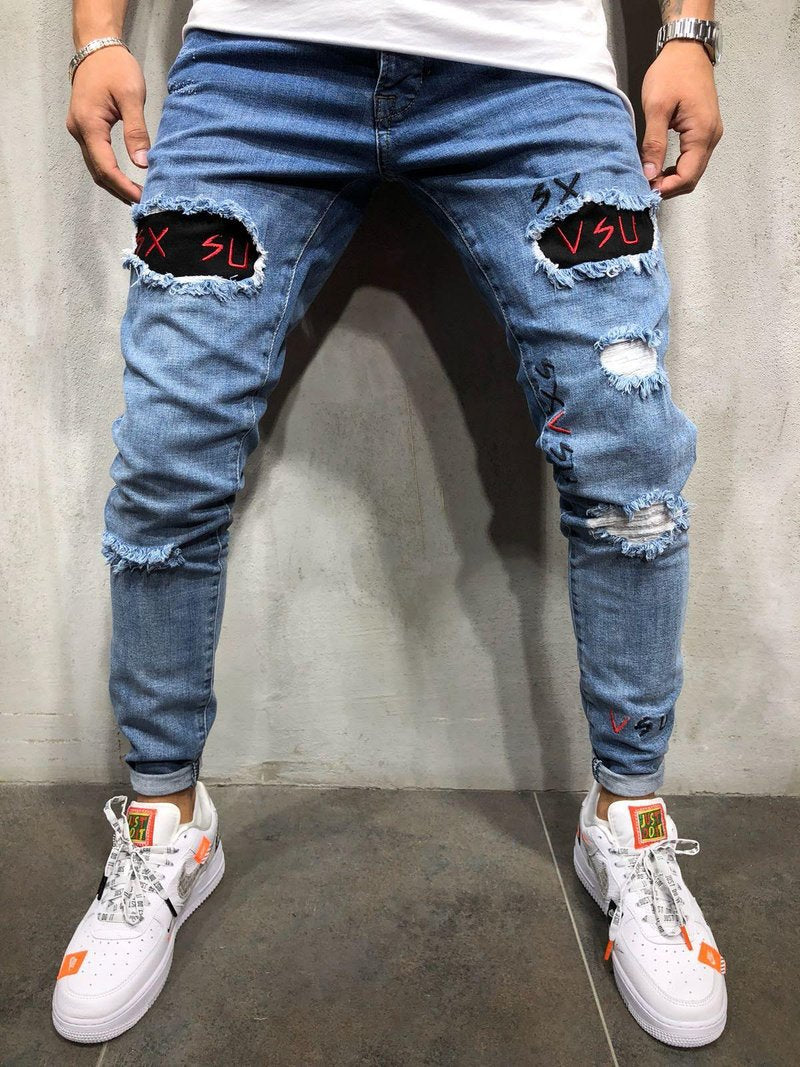 Men’s Embroidered Ripped Denim Pants – Casual Streetwear Jeans – USA