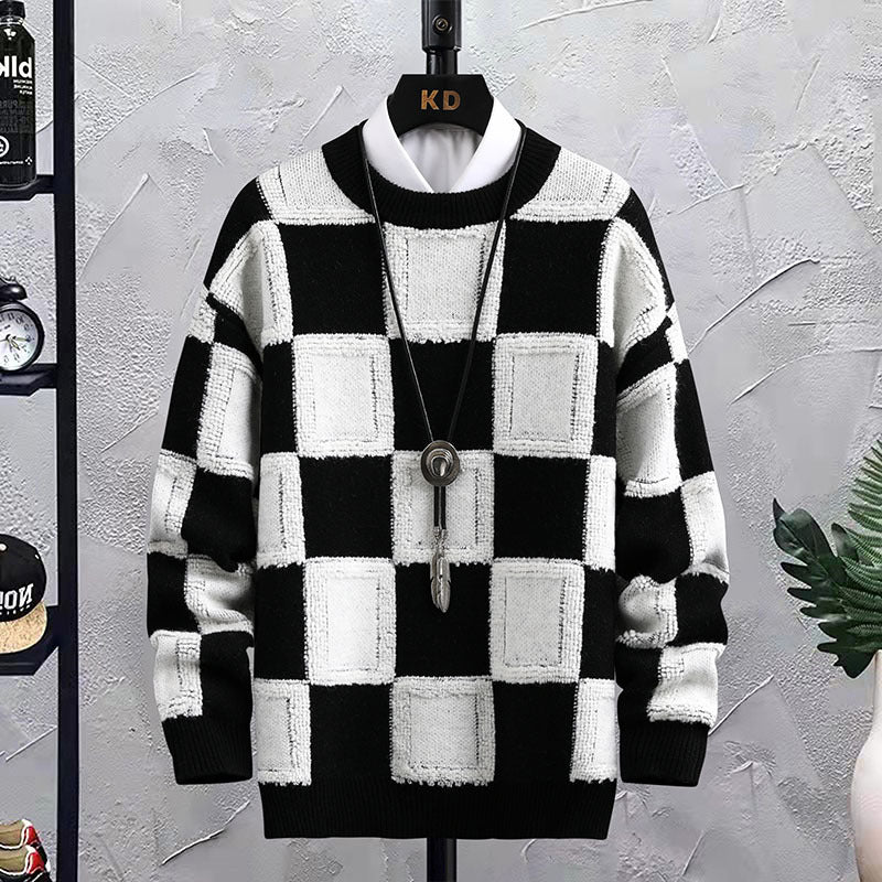 Men’s Trendy Plaid Round-Neck Sweater – Casual Knitwear – USA
