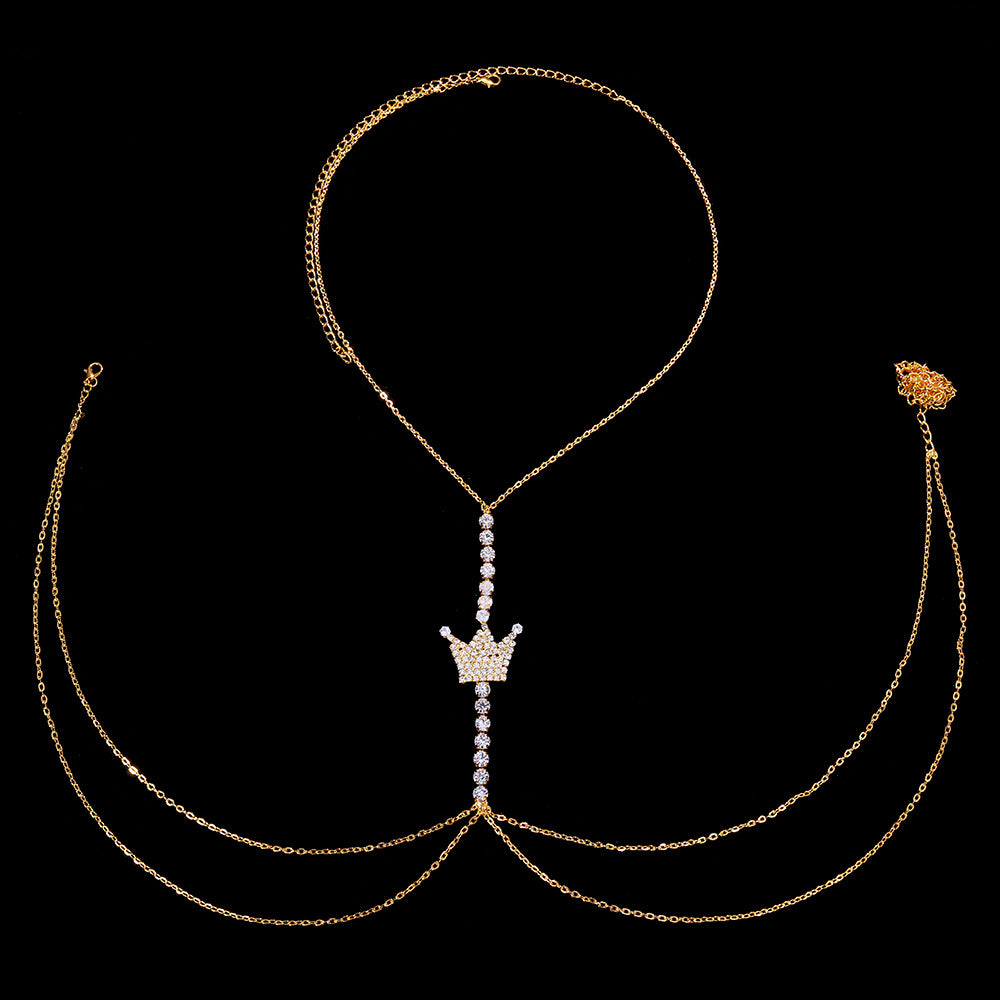 Women’s Crown Rhinestone Chest Body Chain – Lightweight Copper Bikini Jewelry, Gold & Silver