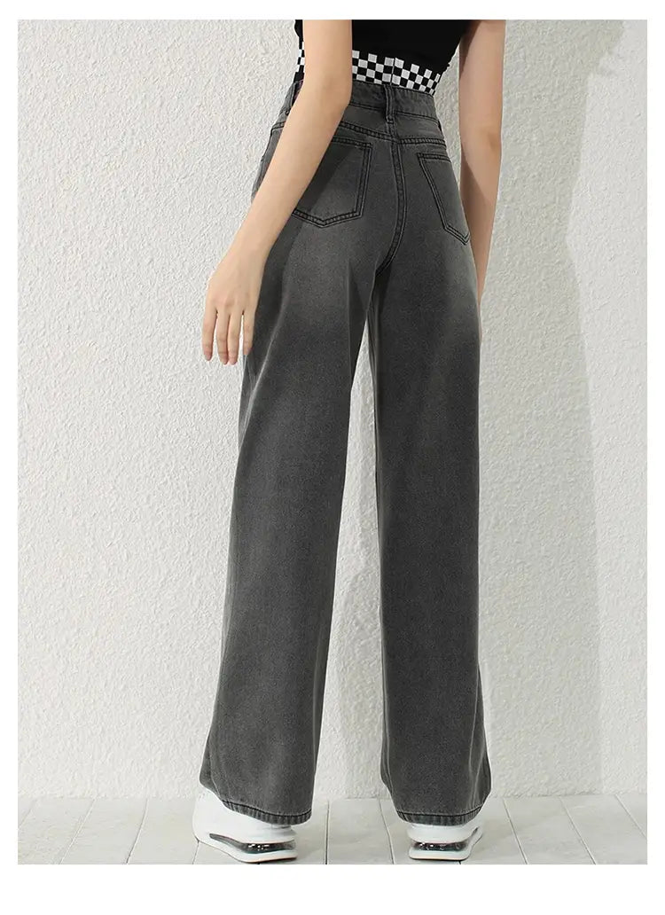 Women’s Dark Grey High-Waist Wide-Leg Jeans – Loose Straight Tencel Denim with Slash Pockets