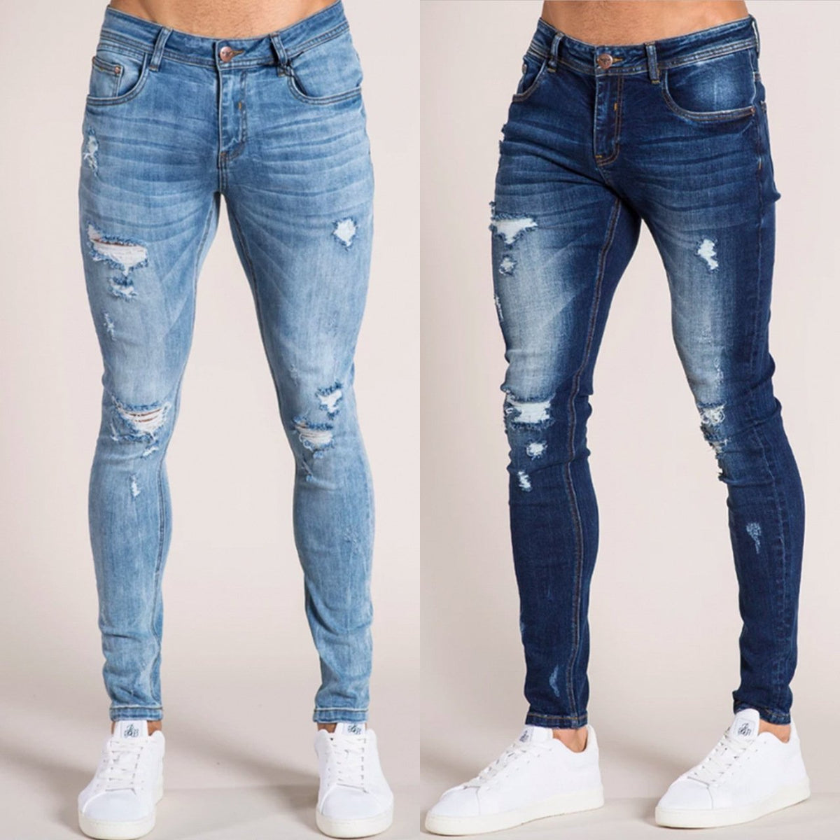 Men’s Ripped Jeans with Tapered Legs – Distressed Casual Denim Pants