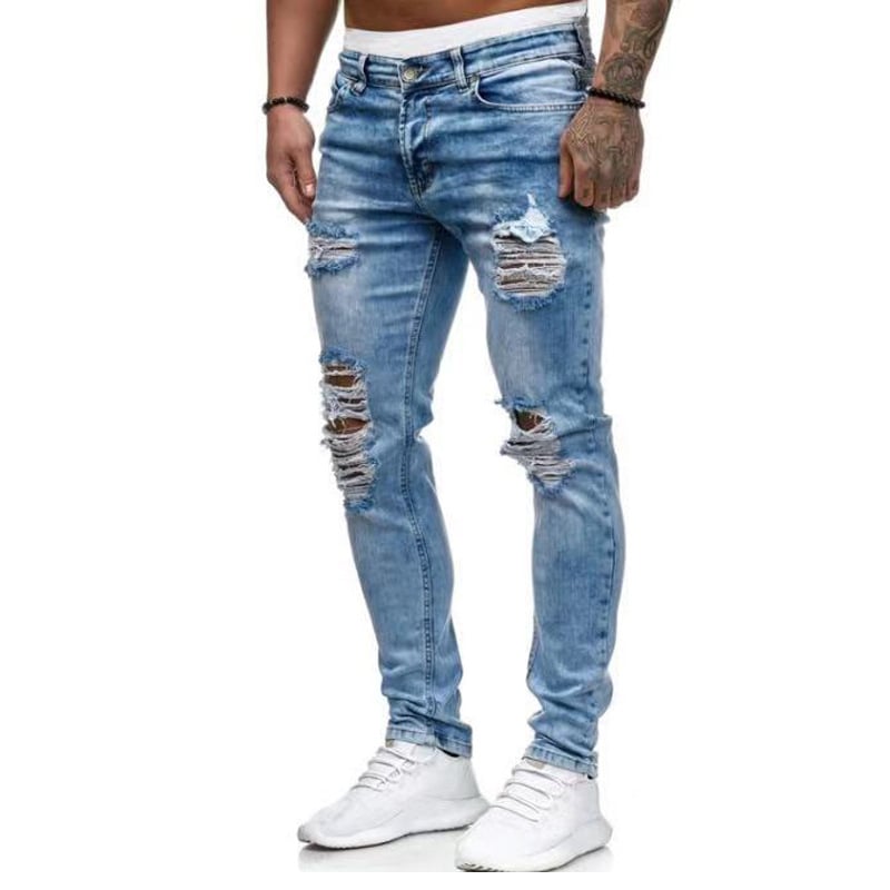 Men’s Ripped Straight-Leg Jeans – 85% Cotton Blend Distressed Blue Casual Denim, S–3XL