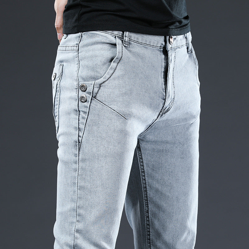 Men’s Korean Slim-Fit Stretch Skinny Jeans – Cotton Micro-Elastic Grey Pencil Denim Pants, Sizes 27–36