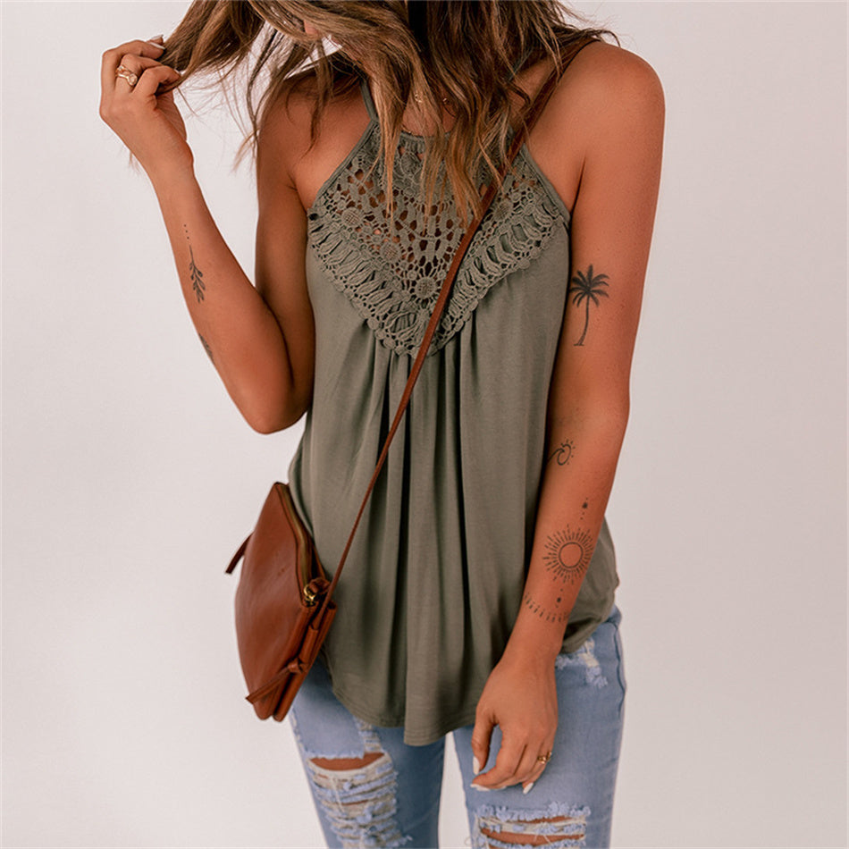 Women’s Lace Tank Top – Solid Color Sleeveless Casual Summer Top