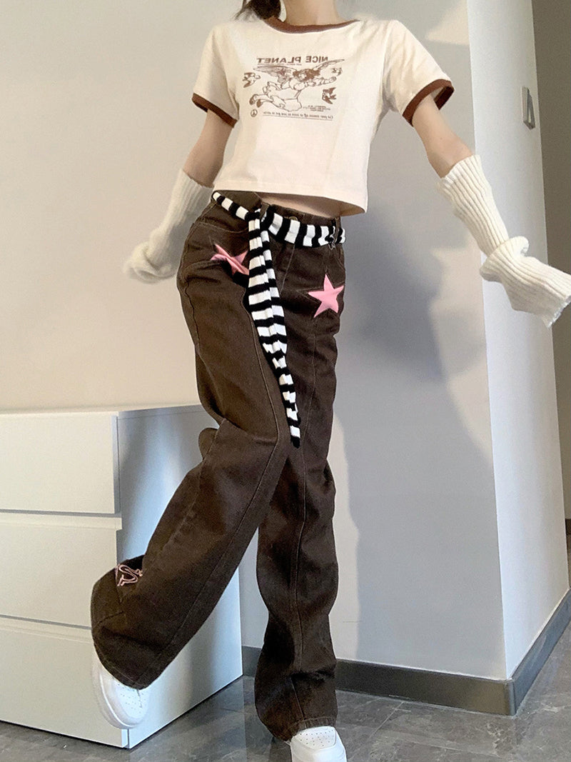 Women’s Hollow-Out High-Waist Star Jeans – 100% Cotton Brown Straight-Leg Denim, S–4XL