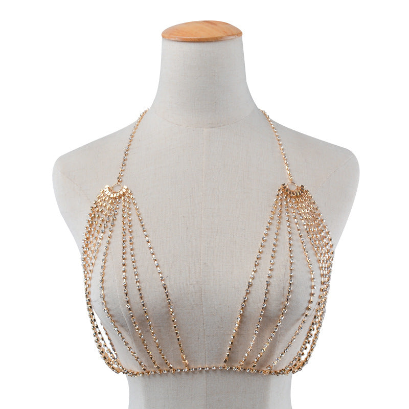 Women’s Rhinestone Heart Body Chain – Adjustable Gold & Silver Chest Jewelry, 21–50cm