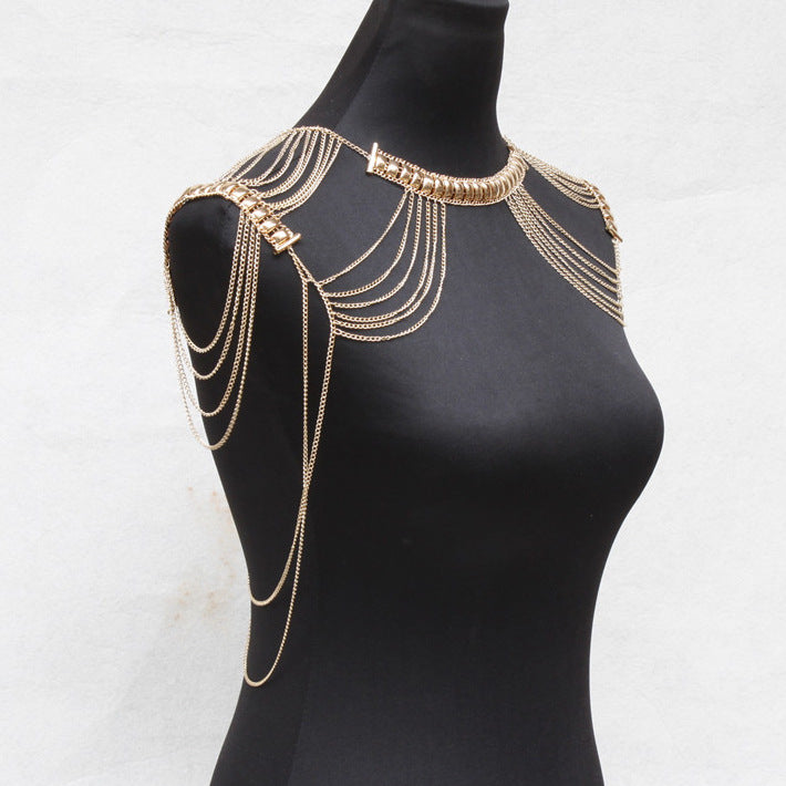 Women’s Exaggerated Metal Fringe Body Chain – Multi-Layer Tassel Shoulder Necklace, Gold & Silver