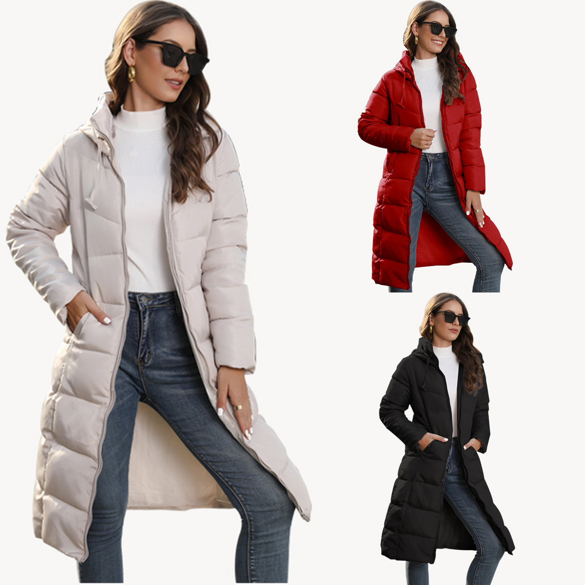 Women’s Hooded Mid-Length Padded Coat – Slim-Fit Polyester Winter Jacket with Pockets, S–4XL
