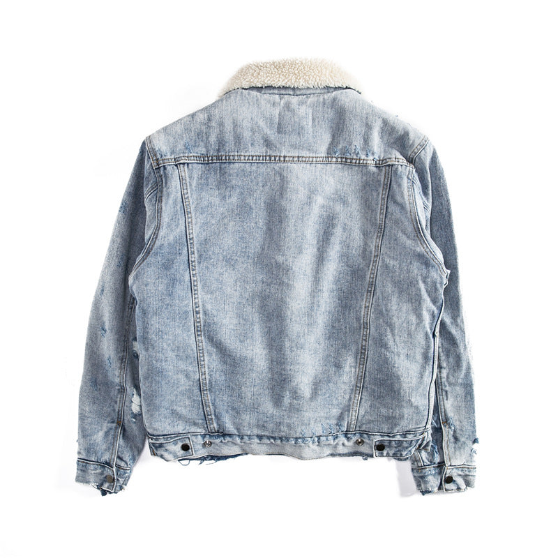 Men’s Distressed Lamb Wool Denim Jacket – Winter – USA