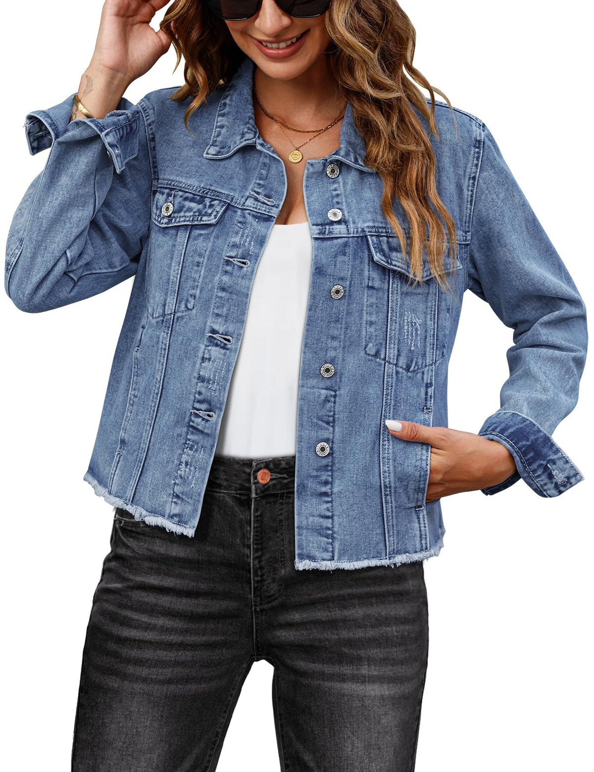 Luvamia Lightweight Jean Jacket for Women – Medium Blue Denim Shacket