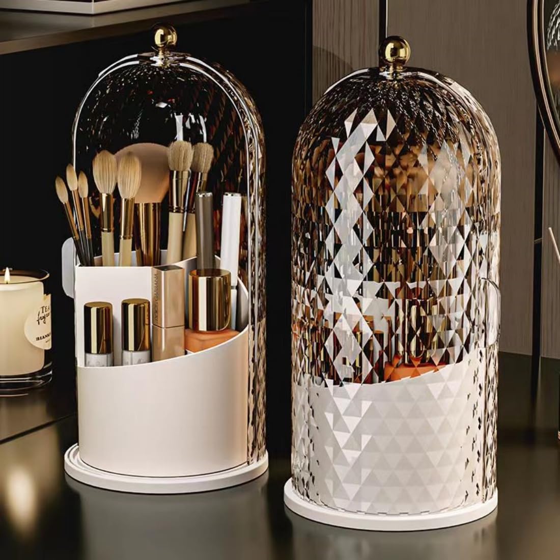 XYCONCEP 360° Rotating Makeup Brush Organizer – Diamond-Like White Vanity Case