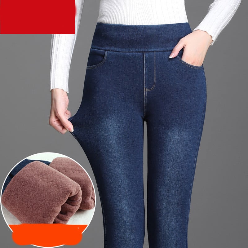 Women’s Velvet High-Rise Elastic Jeans – Warm Stretch Slim-Fit Denim Pants